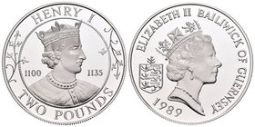 Guernsey. Elizabeth II. 2 libras. 1989. (Km-51a). Ag. 28,28 g. Henry I (110-1135). Tirada de 2500 piezas. PR. Est...25,00.