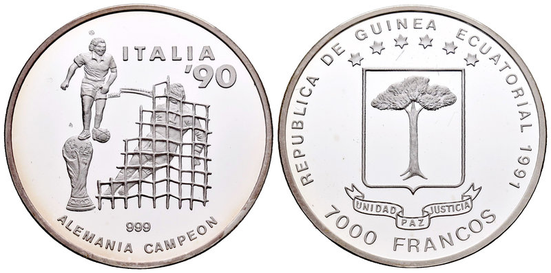 Equatorial Guinea. 7000 francos. 1991. (Km-67). Ag. 25,70 g. Italia´90. Tirada d...