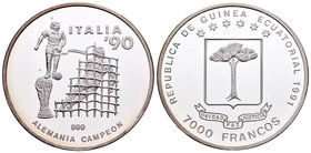 Equatorial Guinea. 7000 francos. 1991. (Km-67). Ag. 25,70 g. Italia´90. Tirada de 6000 piezas. PR. Est...35,00.