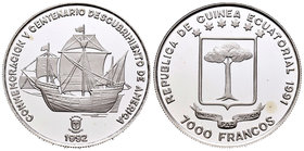 Equatorial Guinea. 7000 francos. 1991. (Km-69). Ag. 19,94 g. V centenario del descubrimiento de América. PR. Est...25,00.