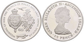 Ascension Island. Elizabeth II. 25 pence. 1981. (Km-2b). Ag. 28,28 g. Weeding of Charles and Lady Di. Raya. PR. Est...25,00.