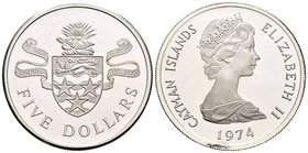 Cayman Islands. Elizabeth II. 5 dollars. 1974. (Km-6). Ag. 35,50 g. PR. Est...25,00.
