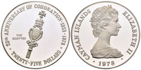 Cayman Islands. Elizabeth II. 25 dollars. 1978. (Km-40). Ag. 51,67 g. 25th Anniversary of Coronation. Tirada de 5000 piezas. PR. Est...50,00.