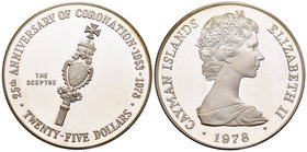 Cayman Islands. Elizabeth II. 25 dollars. 1978. (Km-40). Ag. 51,67 g. 25th Anniversary of Coronation. Tirada de 5000 piezas. PR. Est...50,00.