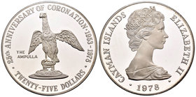 Cayman Islands. Elizabeth II. 25 dollars. 1978. (Km-36). Ag. 51,65 g. 25th Anniversary of Coronation. Tirada de 5000 piezas. PR. Est...50,00.
