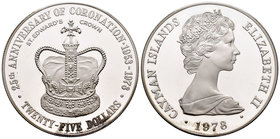 Cayman Islands. Elizabeth II. 25 dollars. 1978. (Km-37). Ag. 51,85 g. 25th Anniversary of the Coronation. Tirada de 5000 piezas. PR. Est...50,00.