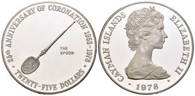 Cayman Islands. Elizabeth II. 25 dollars. 1978. (Km-41). Ag. 51,72 g. 25th Anniversary of Coronation. Tirada de 5000 piezas. PR. Est...50,00.
