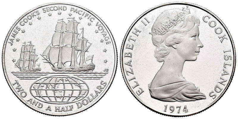 Cook Islands. Elizabeth II. 2 1/2 dollars. 1974. (Km-9). Ag. 26,94 g. James Cook...