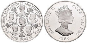 Cook Islands. Elizabeth II. 5 dollars. 1986. FM. (Km-20). Ag. 26,96 g. 60th Birthday of Elizabeth II. PR. Est...25,00.