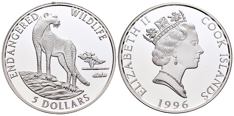 Cook Islands. Elizabeth II. 5 dollars. 1996. (Km-269). Ag. 31,47 g. Leopard. PR....