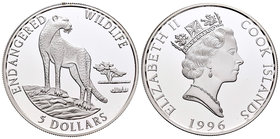 Cook Islands. Elizabeth II. 5 dollars. 1996. (Km-269). Ag. 31,47 g. Leopard. PR. Est...25,00.