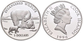 Cook Islands. Elizabeth II. 5 dollars. 1996. (Km-377). Ag. 31,50 g. Polar bear. PR. Est...25,00.