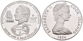 Cook Islands. Elizabeth II. 7 1/2 dollars. 1974. (Km-10). Ag. 33,65 g. Bicentenary - Cook's Discovery of Hervey Islands. PR. Est...50,00.