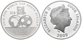 Cook Islands. Elizabeth II. 10 dollars. 2009. (Km-1491). Ag. 28,14 g. Mundial de fútbol Sudáfrica 2010. PR. Est...25,00.