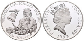 Cook Islands. Elizabeth II. 20 dollars. 1993. (Km-151). Ag. 31,47 g. Friedrich Von Schiller. PR. Est...25,00.