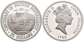Cook Islands. Elizabeth II. 25 dollars. 1988. (Km-42). Ag. 36,68 g. Centenary of British Sovereignty. Tirada de 3000 piezas. PR. Est...30,00.