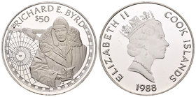 Cook Islands. Elizabeth II. 50 dollars. 1988. FM. (Km-111). Ag. 20,94 g. Richard E. Byrd. PR. Est...20,00.