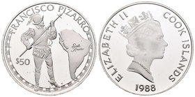 Cook Islands. Elizabeth II. 50 dollars. 1988. FM. (Km-103). Ag. 20,94 g. Francisco Pizarro. PR. Est...20,00.