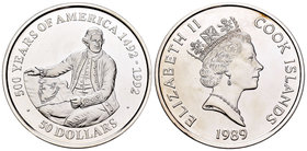 Cook Islands. Elizabeth II. 50 dollars. 1989. FM. (Km-46). Ag. 31,10 g. 500 Years of America, Captain Cook. PR. Est...25,00.