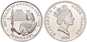 Cook Islands. Elizabeth II. 50 dollars. 1990. (Km-184). Ag. 31,35 g. 500 Years of America, Inca Prince. PR. Est...25,00.