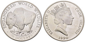 Cook Islands. Elizabeth II. 50 dollars. 1990. (Km-58). Ag. 19,40 g. Animales en peligro de extinción. Búfalo. PR. Est...20,00.