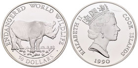 Cook Islands. Elizabeth II. 50 dollars. 1990. (Km-55). Ag. 19,40 g. Animales en peligro de extinción. Rinoceronte. PR. Est...20,00.