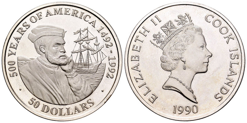 Cook Islands. Elizabeth II. 50 dollars. 1990. (Km-43). Ag. 31,10 g. 500 Years of...