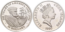 Cook Islands. Elizabeth II. 50 dollars. 1990. (Km-43). Ag. 31,10 g. 500 Years of America, Jacques Cartier. PR. Est...20,00.