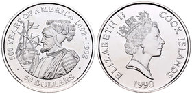 Cook Islands. Elizabeth II. 50 dollars. 1990. (Km-44). Ag. 31,10 g. 500 años de América, Núnez de Balboa. PR. Est...25,00.