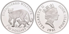 Cook Islands. Elizabeth II. 50 dollars. 1991. (Km-125). Ag. 19,20 g. Animales en peligro de extinción. Jaguar. PR. Est...20,00.