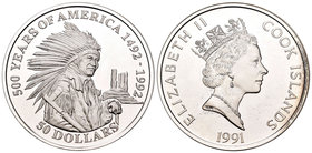 Cook Islands. Elizabeth II. 50 dollars. 1991. (Km-94). Ag. 31,10 g. 500 años de América.. PR. Est...25,00.