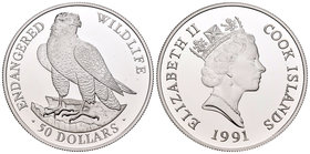 Cook Islands. Elizabeth II. 50 dollars. 1991. (Km-119). Ag. 19,20 g. Animales en peligro de extinción. Águila. PR. Est...20,00.
