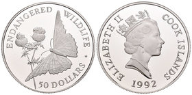Cook Islands. Elizabeth II. 50 dollars. 1992. (Km-244). Ag. 19,20 g. Animales en peligro de extinción. Mariposa. PR. Est...20,00.