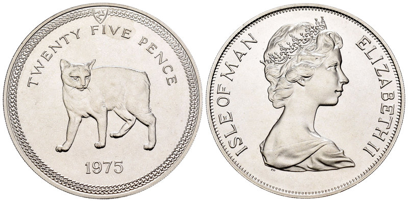 Isle of Man. Elizabeth II. 25 pence. 1975. (Km-31a). Ag. 28,28 g. Gato. Mínimas ...