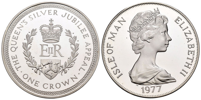 Isle of Man. Elizabeth II. 1 corona. 1977. (Km-42a). Ag. 28,28 g. Jubilee. PR. E...