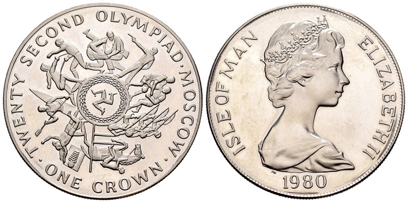 Isle of Man. Elizabeth II. 1 corona. 1980. (Km-67a). Ag. 28,28 g. Juegos Olímpic...