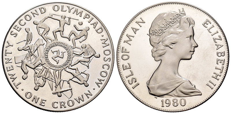 Isle of Man. Elizabeth II. 1 corona. 1980. (Km-66a). Ag. 28,28 g. Juegos Olímpic...