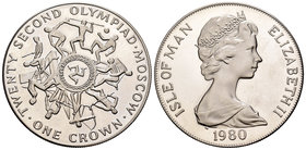 Isle of Man. Elizabeth II. 1 corona. 1980. (Km-66a). Ag. 28,28 g. Juegos Olímpicos Moscú 1980. PR. Est...25,00.