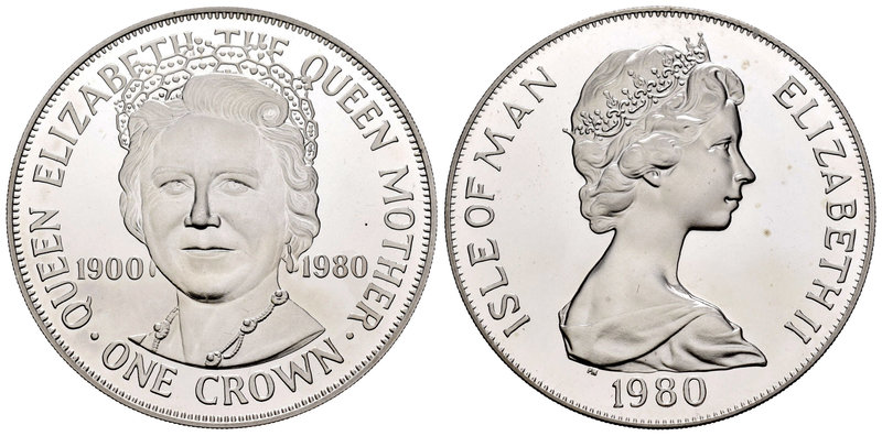 Isle of Man. Elizabeth II. 1 corona. 1980. (Km-68b). Ag. 28,28 g. 80º cumpleaños...