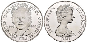 Isle of Man. Elizabeth II. 1 corona. 1980. (Km-68b). Ag. 28,28 g. 80º cumpleaños de la Reina Madre. PR. Est...25,00.