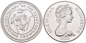 Isle of Man. Elizabeth II. 1 corona. 1980. (Km-68b). Ag. 28,28 g. Bicentenario del derby. PR. Est...25,00.