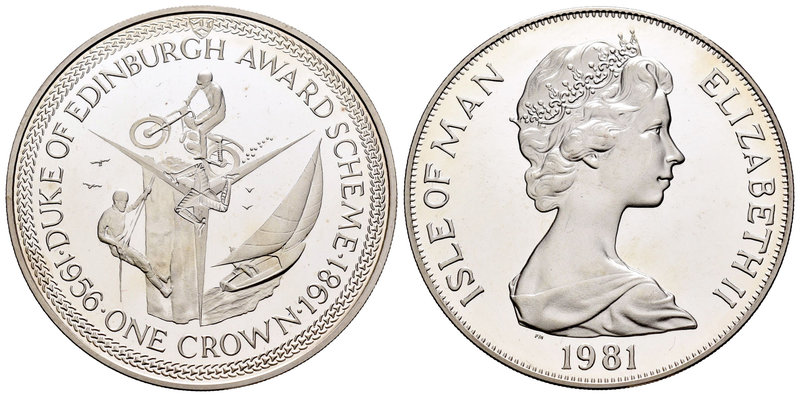 Isle of Man. Elizabeth II. 1 corona. 1981. PM. (Km-76a). Ag. 28,28 g. 25º aniver...