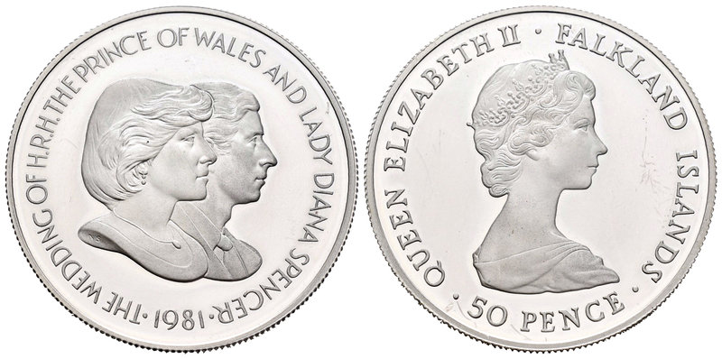 Falkland Islands. Elizabeth II. 50 pence. 1981. (Km-16a). Ag. 28,28 g. Boda del ...