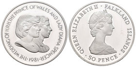Falkland Islands. Elizabeth II. 50 pence. 1981. (Km-16a). Ag. 28,28 g. Boda del principe Charles y Lady Di. PR. Est...25,00.