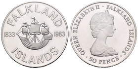 Falkland Islands. Elizabeth II. 50 pence. 1983. (Km-19a). Ag. 28,28 g. 150º aniversario de colonia inglesa. PR. Est...25,00.