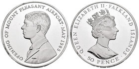 Falkland Islands. Elizabeth II. 50 pence. 1985. (Km-16a). Ag. 28,28 g. Inaguración del aeropuerto. PR. Est...25,00.