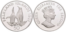 Falkland Islands. Elizabeth II. 50 pence. 1987. (Km-25a). Ag. 28,28 g. Pingüinos. PR. Est...25,00.