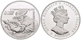 Falkland Islands. Elizabeth II. 2 libras. 1986. (Km-22a). Ag. 28,28 g. XIII Juegos de la Commonwealth. PR. Est...25,00.