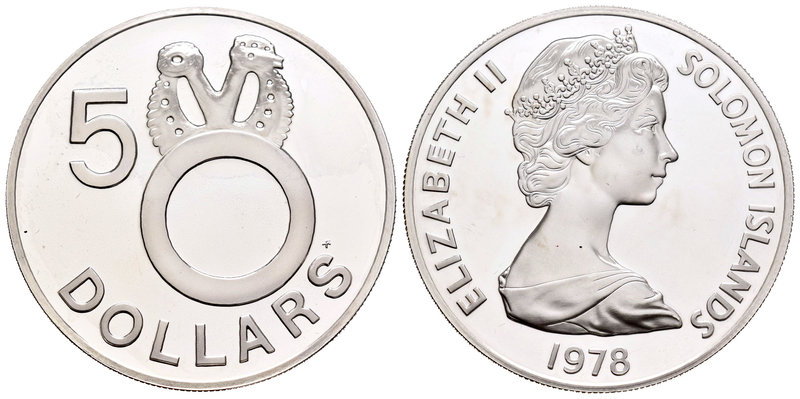 Salomon Islands. Elizabeth II. 5 dollars. 1977. (Km-7). Ag. 28,92 g. PR. Est...2...