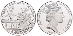 Salomon Islands. Elizabeth II. 10 dollars. 1991. (Km-47). Ag. 31,80 g. Álvaro de Mendana de Neyra. PR. Est...30,00.